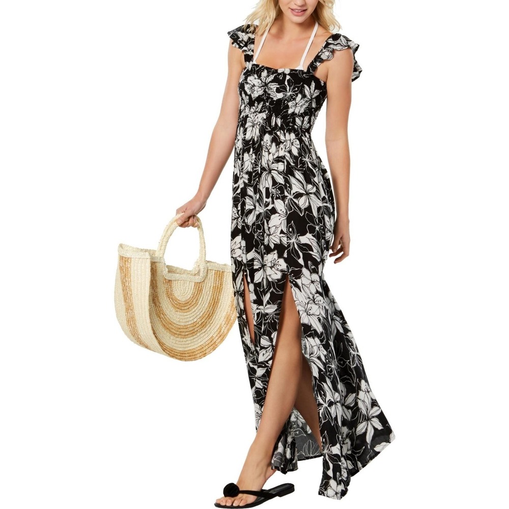 Raviya Women's Floral Smocked Ruffle Maxi Dress Swim Cover Up, Black, Medium NEW